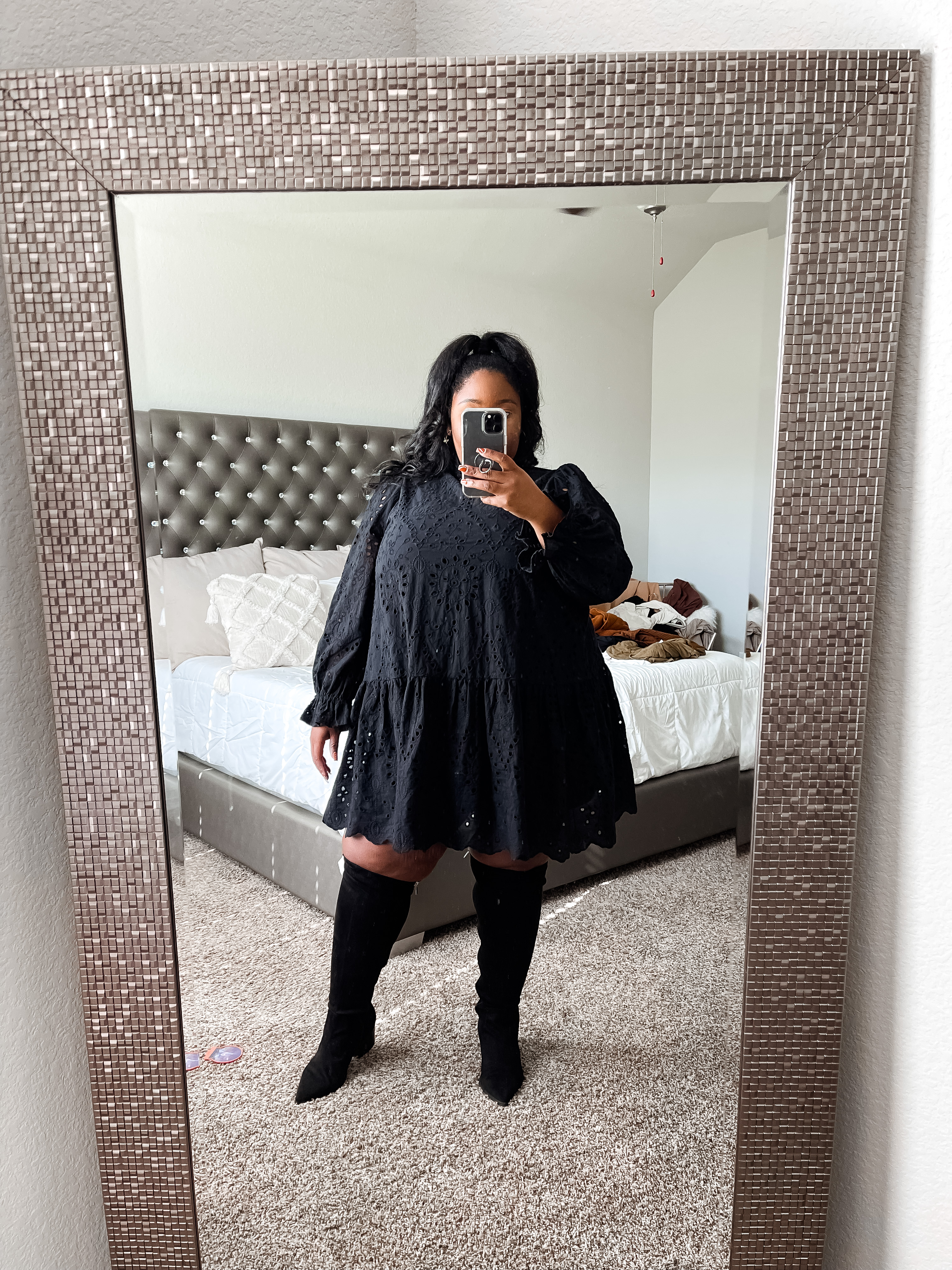 Plus size dresses | black lace plus size dress for a date night outfit with wide calf point toe boots for winter